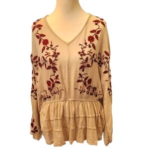 Entro Boho Peasant Festival Floral Embroidered Cream Red Flowy Top SZ Medium